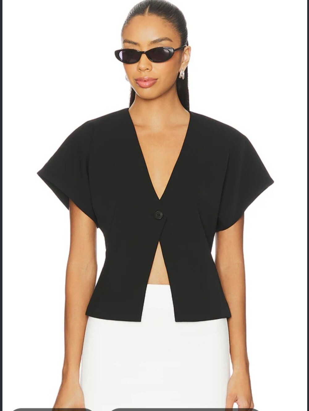 All The Ways Black Short Sleeve V-Neck Button Blouse